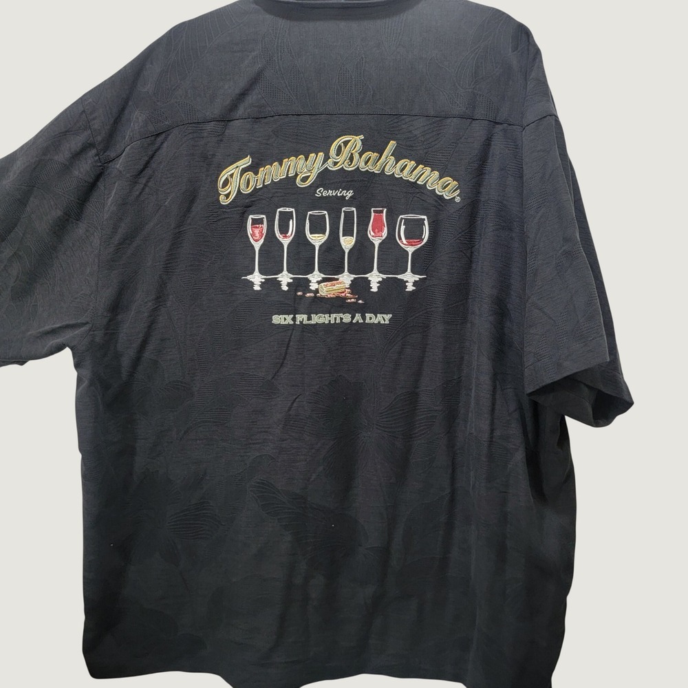 Tommy Bahama Men XXL Black Silk Jacquard Six Flights A Day Wine Embroidery Shirt - Picture 3 of 14